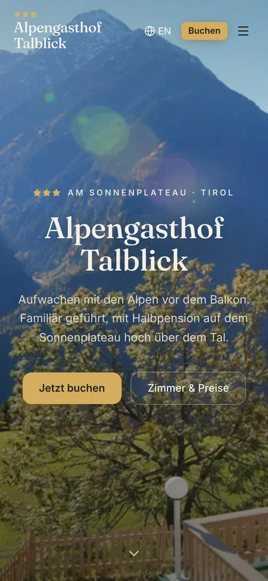 The redesign: a warm, classic gasthof design with a centred serif wordmark over mountain scenery